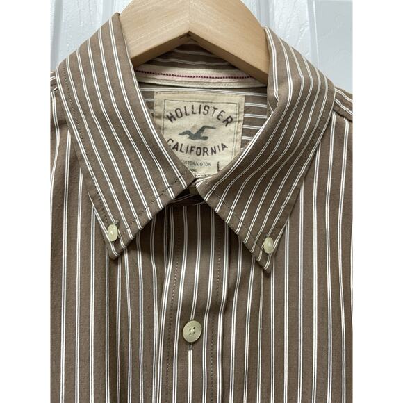 Hollister Shirt Mens Large Brown Stripe Long Sleeve Logo Casual Preppy Y2K - Picture 6 of 7